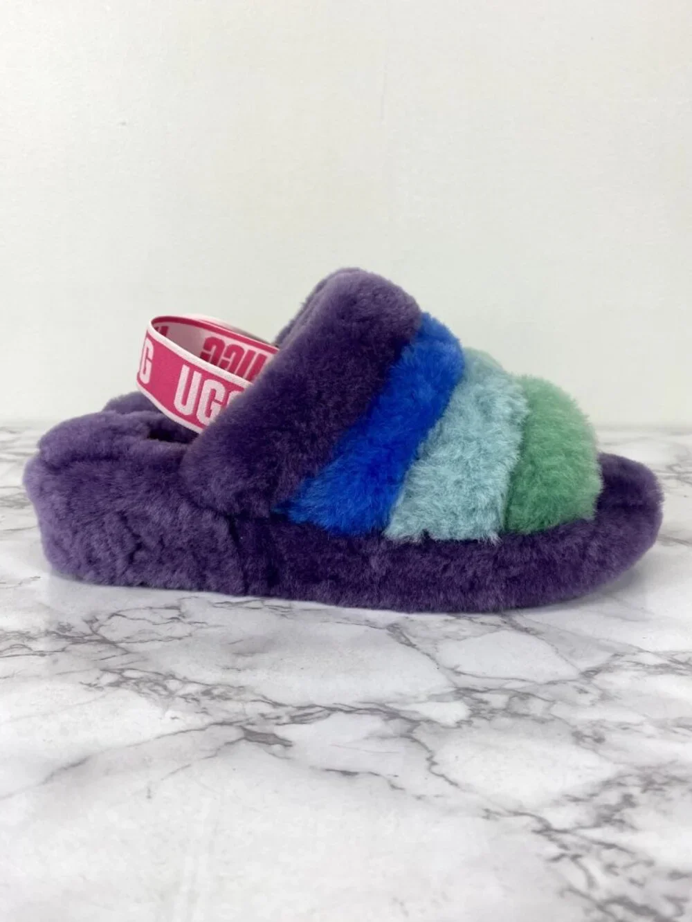 UGG Fluff Yeah Rainbow Purple Furry Women’s Slides Sz 7